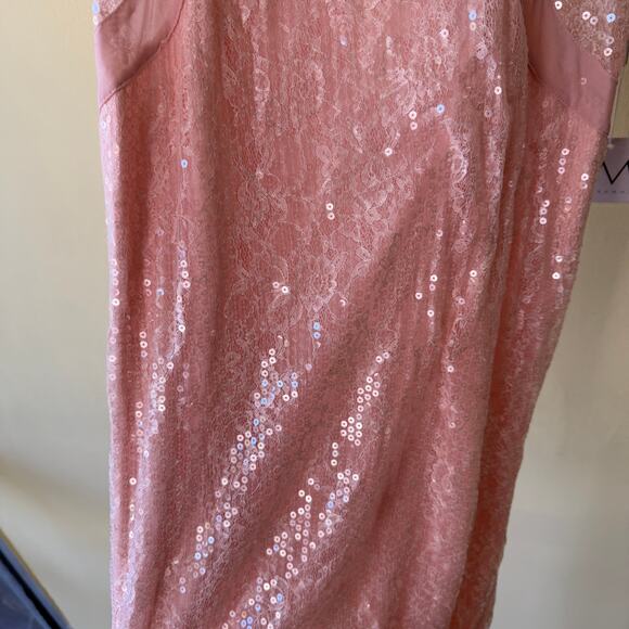 LM by Mignon Blush Pink Sequin Gown with Sheer Straps Fitted Silhouette Size 10 - Picture 7 of 8